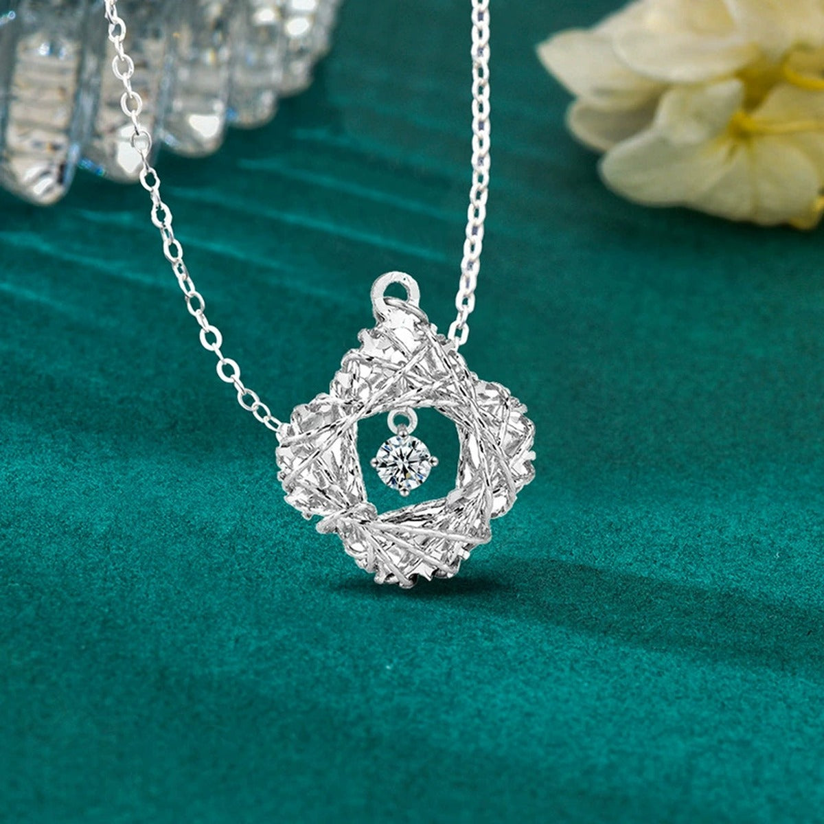 Clover Nest Dancing Round Moissanite Necklace in Gold-Plated S925 sterling silver angled product detail view