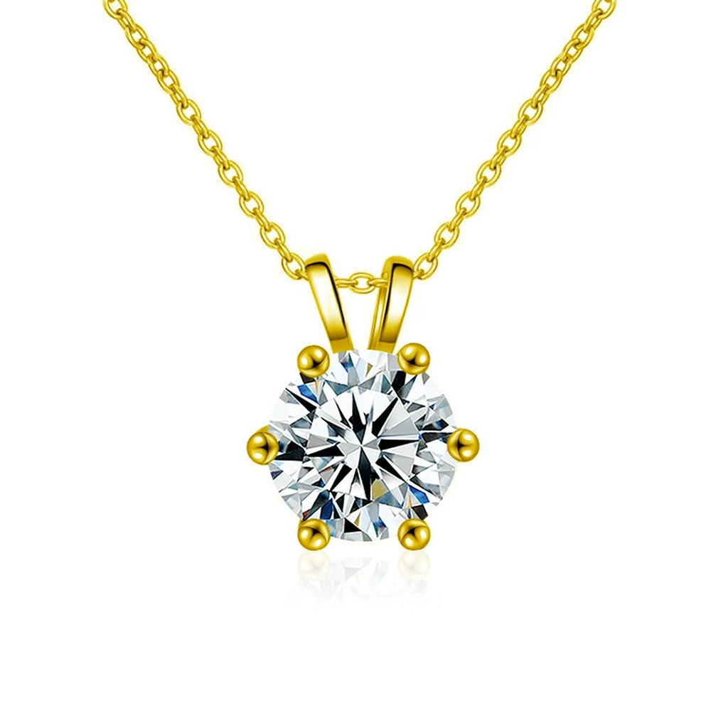 Six-Prong Round Moissanite Solitaire Necklace in Gold-Plated S925 sterling silver white background front product view showing round moissanite solitaire held by six sculpted prongs
