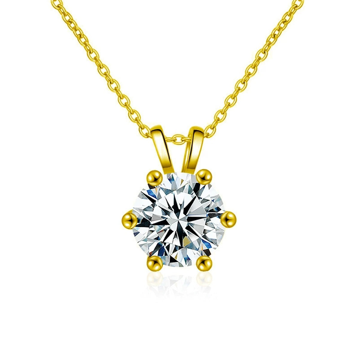Six-Prong Round Moissanite Solitaire Necklace in Gold-Plated S925 sterling silver white background front product view showing round moissanite solitaire held by six sculpted prongs