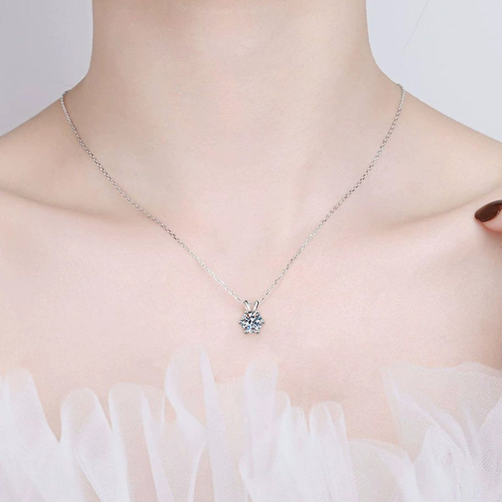 Six-Prong Round Moissanite Solitaire Necklace in Gold-Plated S925 sterling silver neckline model view showing pendant scale and chain length