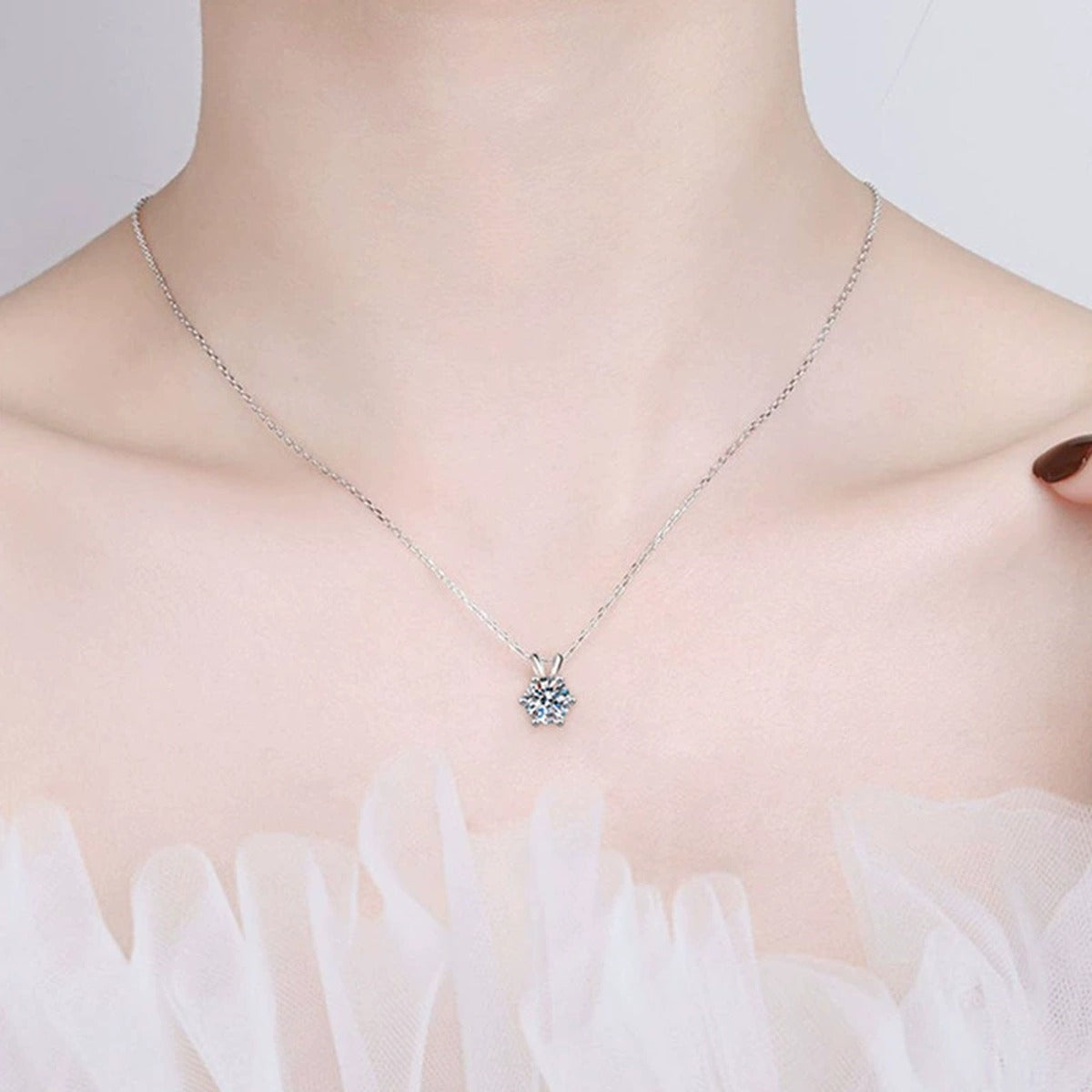 Six-Prong Round Moissanite Solitaire Necklace in Gold-Plated S925 sterling silver neckline model view showing pendant scale and chain length