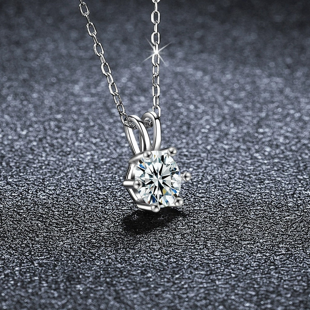 Six-Prong Round Moissanite Solitaire Necklace in Gold-Plated S925 sterling silver display scene showing chain and stone layout