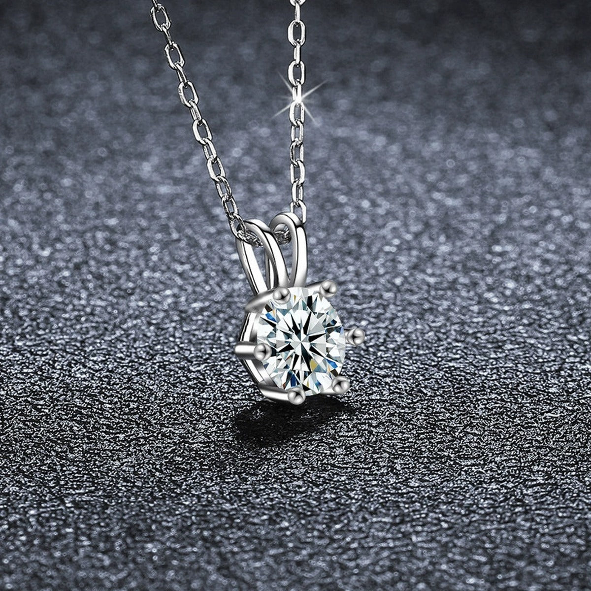 Six-Prong Round Moissanite Solitaire Necklace in Gold-Plated S925 sterling silver display scene showing chain and stone layout
