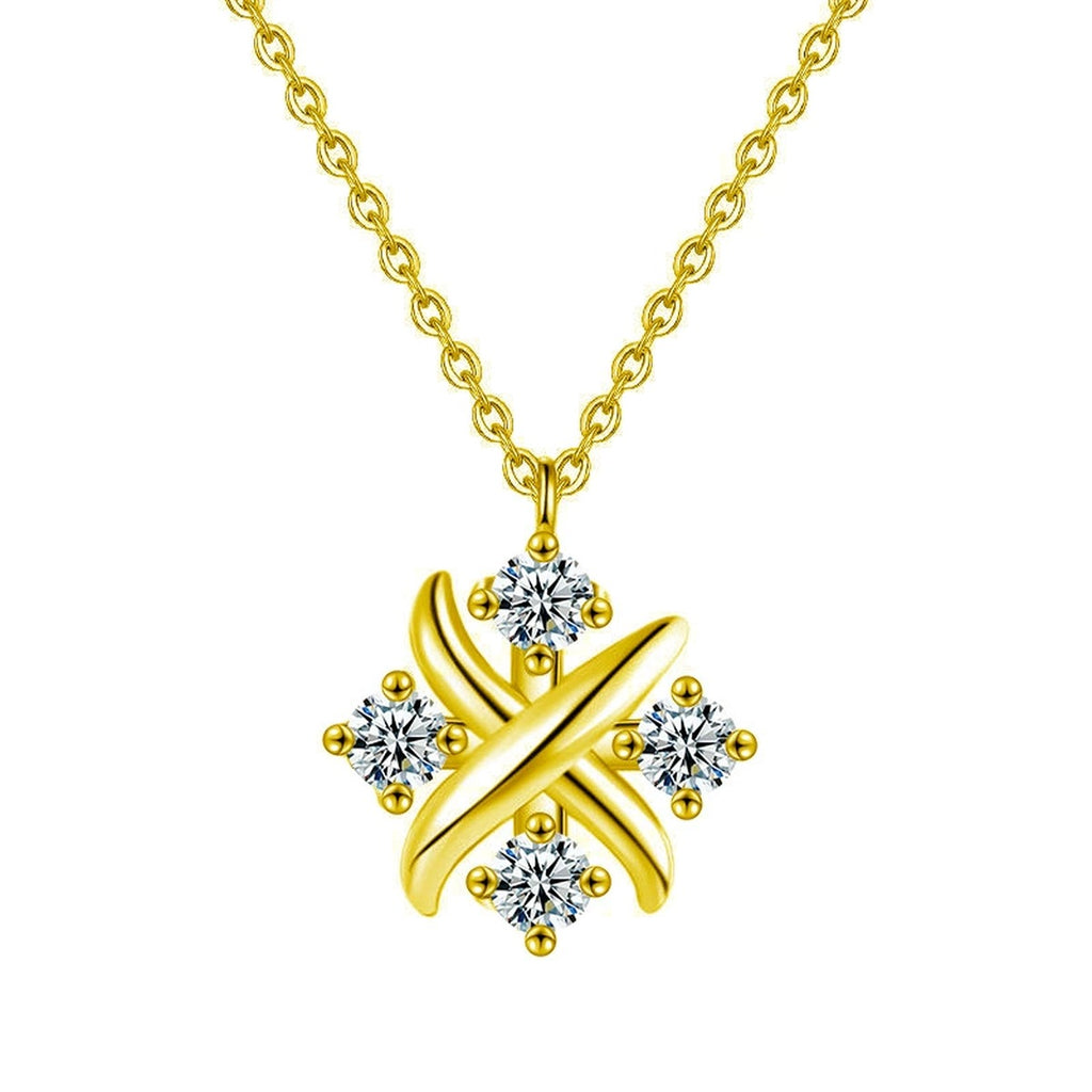 X Motif Round Moissanite Necklace in Gold-Plated S925 sterling silver white background front product view showing sculptural X motif composed around four round moissanite stones