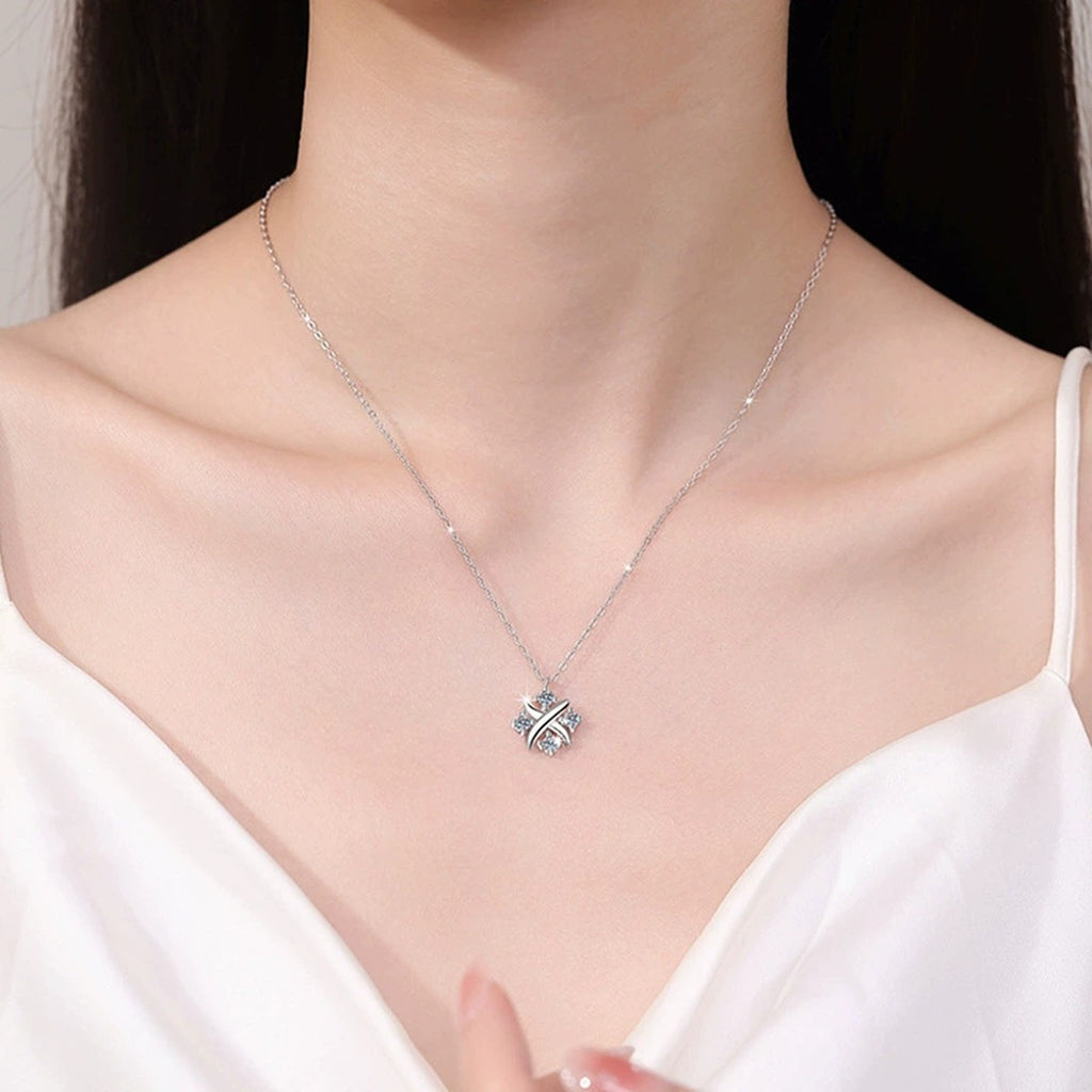 X Motif Round Moissanite Necklace in Gold-Plated S925 sterling silver neckline model view showing pendant scale and chain length