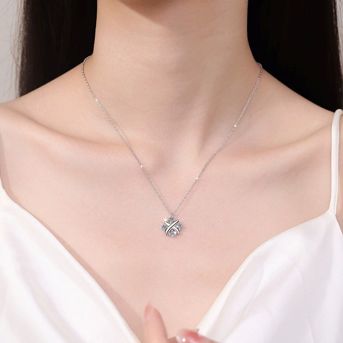 X Motif Round Moissanite Necklace in Gold-Plated S925 sterling silver neckline model view showing pendant scale and chain length