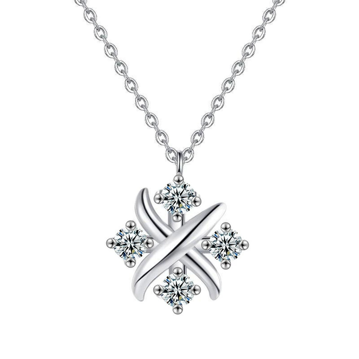 X Motif Round Moissanite Necklace in Gold-Plated S925 sterling silver alternate metal color white background product view showing sculptural X motif composed around four round moissanite stones