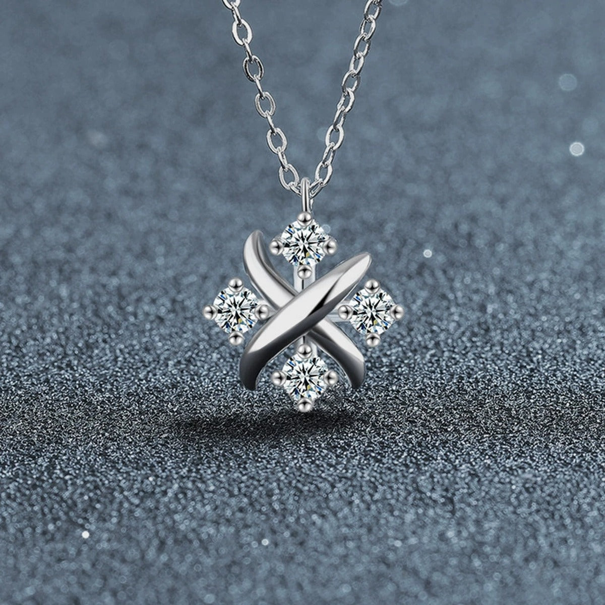 X Motif Round Moissanite Necklace in Gold-Plated S925 sterling silver display scene showing chain and stone layout