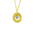 Oval Nest Dancing Round Moissanite Necklace in Gold-Plated S925 sterling silver white background front product view showing woven oval nest surrounding a dancing round moissanite center