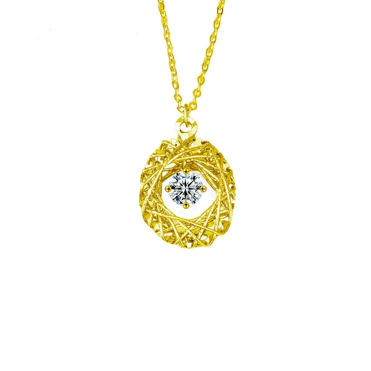 Oval Nest Dancing Round Moissanite Necklace in Gold-Plated S925 sterling silver white background front product view showing woven oval nest surrounding a dancing round moissanite center