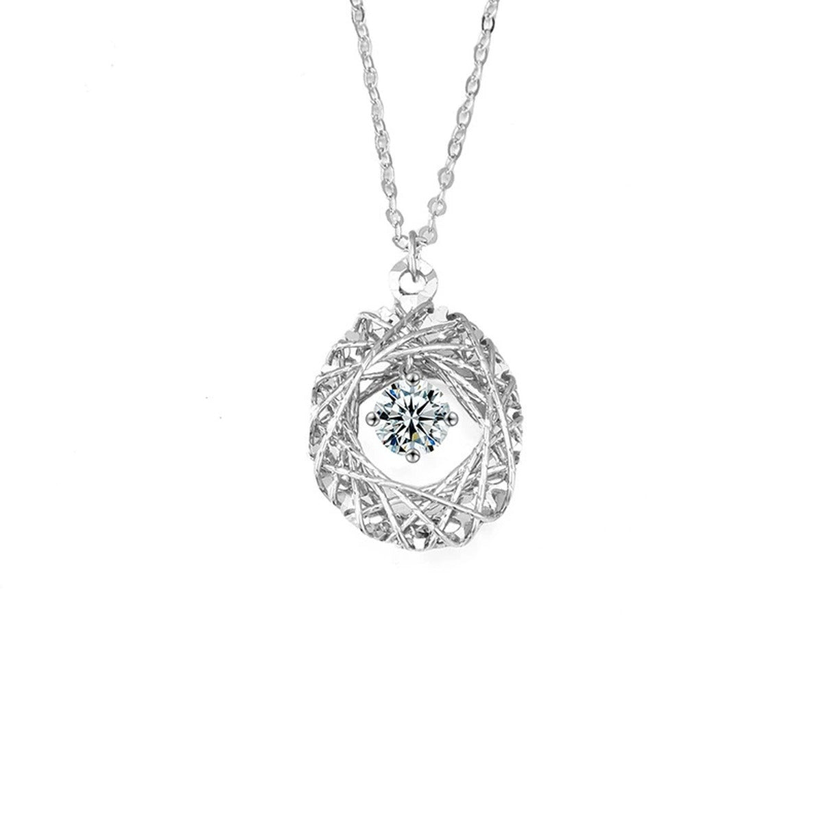 Oval Nest Dancing Round Moissanite Necklace in Gold-Plated S925 sterling silver alternate metal color white background product view showing woven oval nest surrounding a dancing round moissanite center
