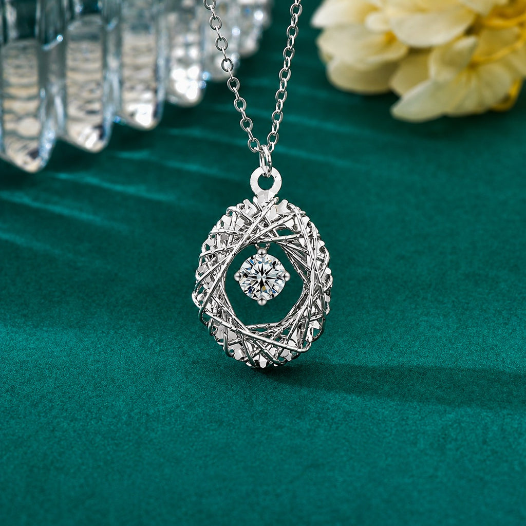 Oval Nest Dancing Round Moissanite Necklace in Gold-Plated S925 sterling silver close-up styled product scene showing pendant setting