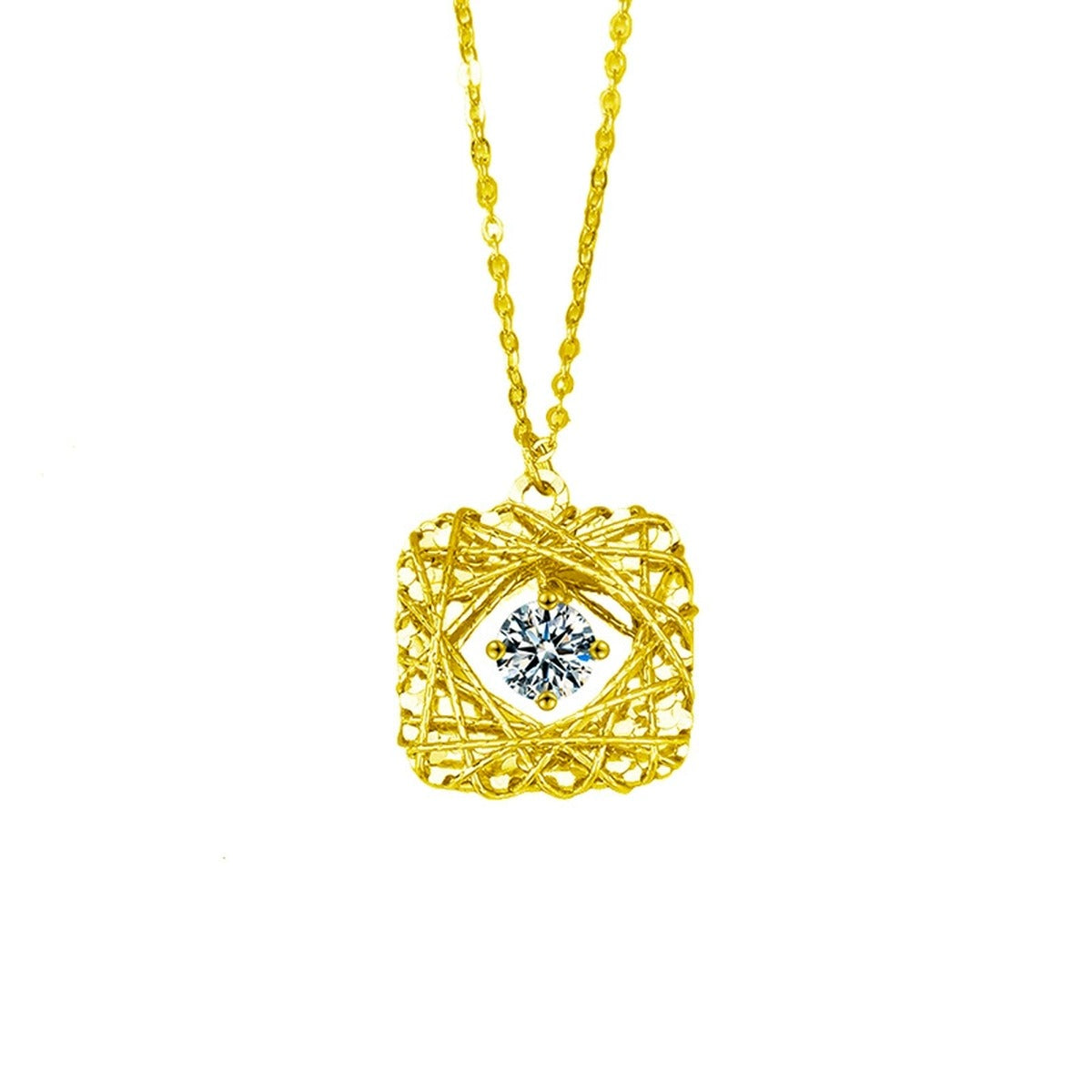 Square Nest Dancing Round Moissanite Necklace in Gold-Plated S925 sterling silver white background front product view showing woven square nest framing a dancing round moissanite center