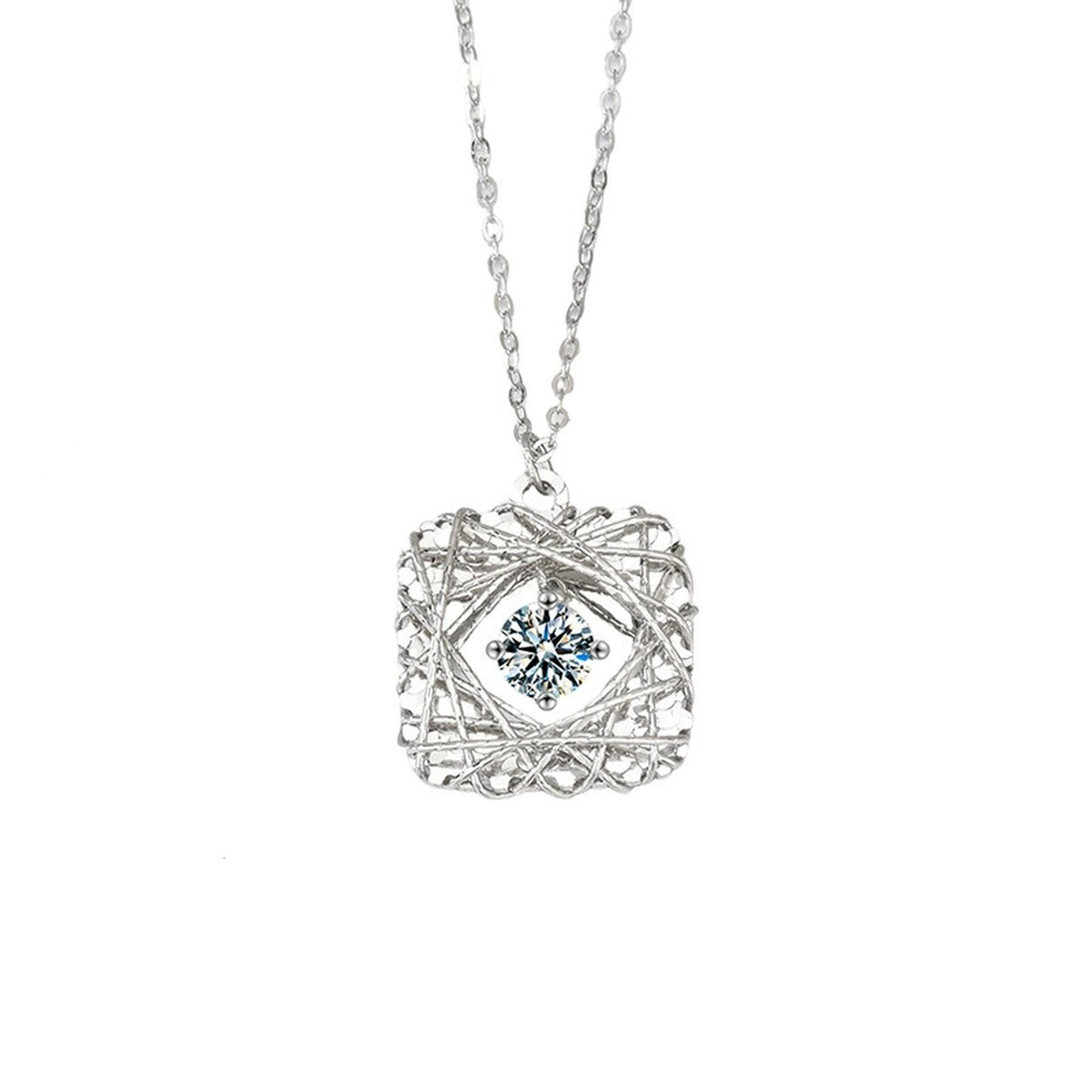 Square Nest Dancing Round Moissanite Necklace in Gold-Plated S925 sterling silver alternate metal color white background product view showing woven square nest framing a dancing round moissanite center