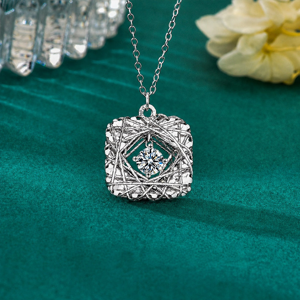 Square Nest Dancing Round Moissanite Necklace in Gold-Plated S925 sterling silver close-up styled product scene showing pendant setting