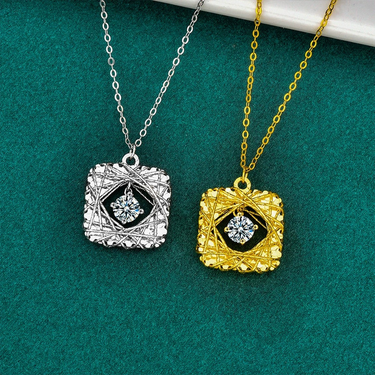 Square Nest Dancing Round Moissanite Necklace in Gold-Plated S925 sterling silver display scene showing chain and stone layout