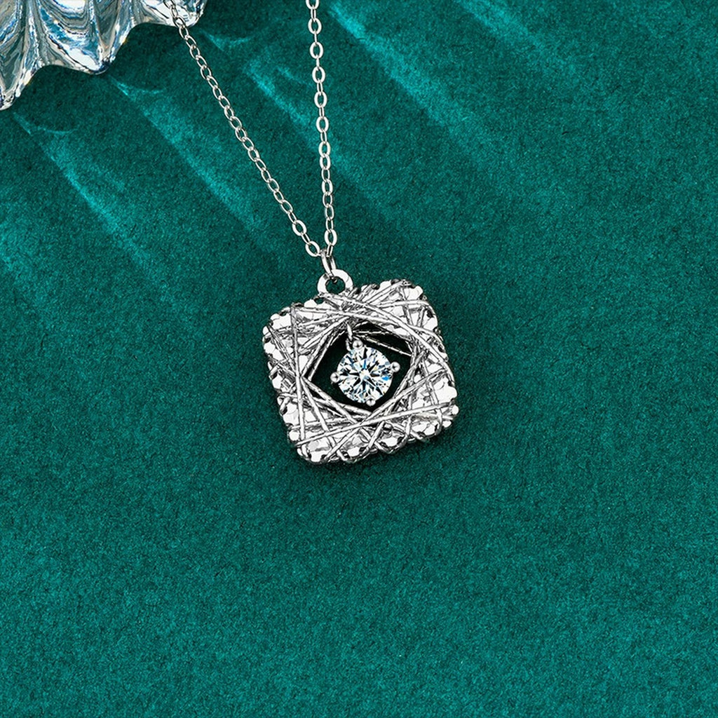 Square Nest Dancing Round Moissanite Necklace in Gold-Plated S925 sterling silver angled product detail view