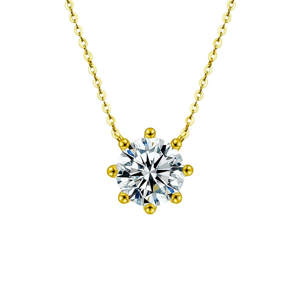 Six-Prong Round Moissanite Solitaire Necklace in Gold-Plated S925 sterling silver white background front product view showing low-profile six-prong round moissanite solitaire