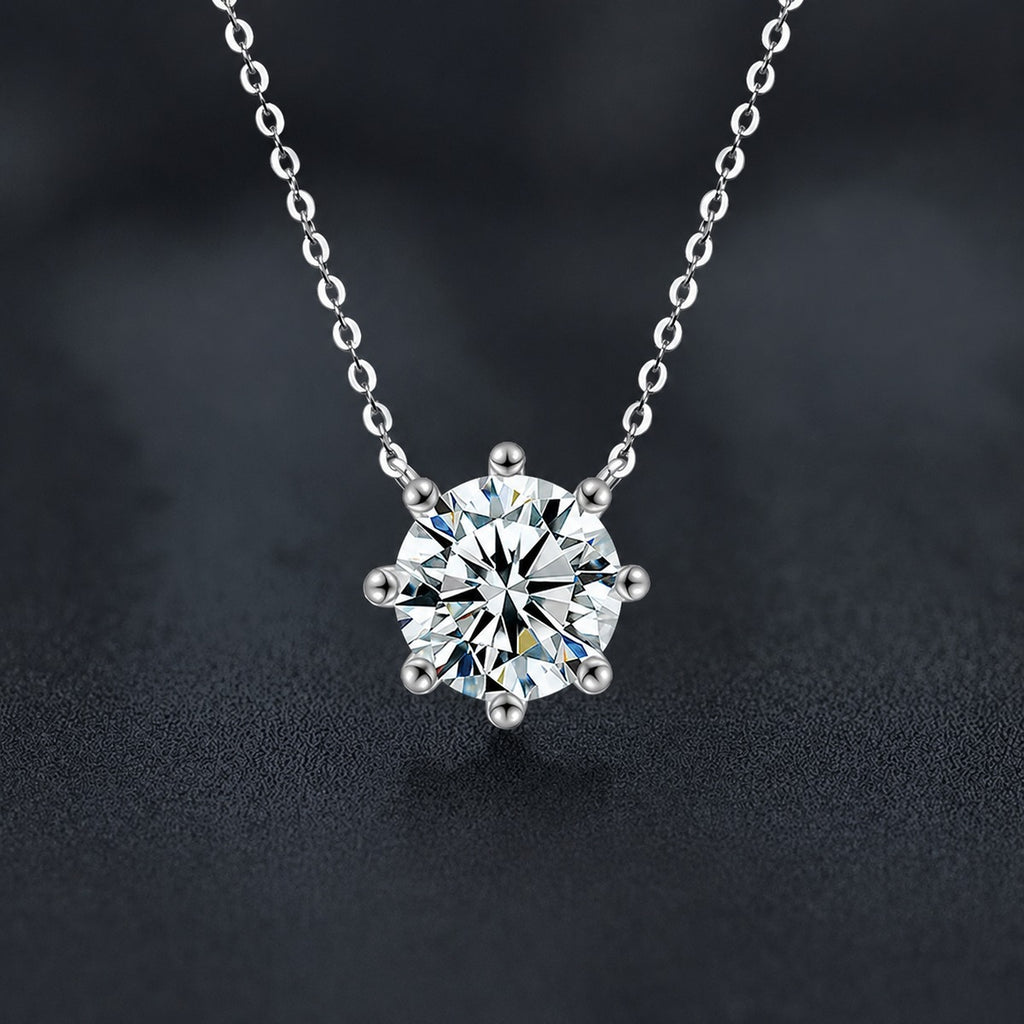 Six-Prong Round Moissanite Solitaire Necklace in Gold-Plated S925 sterling silver close-up styled product scene showing pendant setting