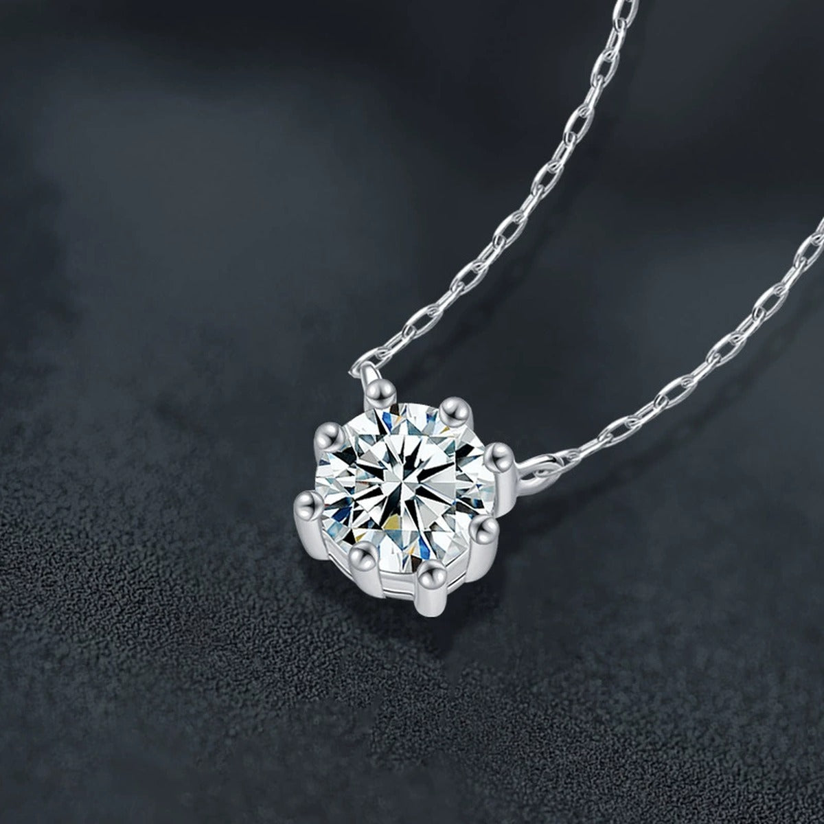Six-Prong Round Moissanite Solitaire Necklace in Gold-Plated S925 sterling silver display scene showing chain and stone layout