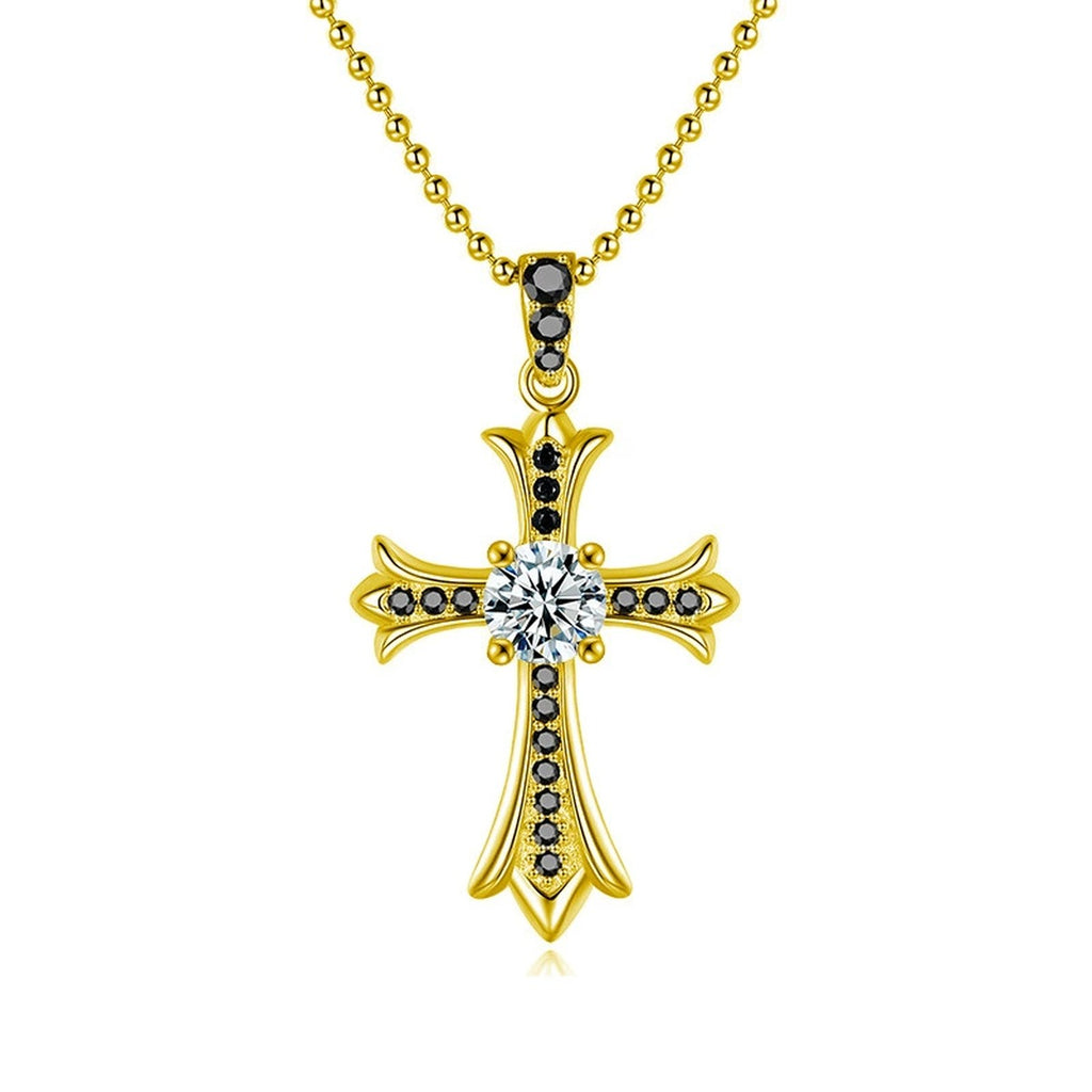 Black CZ Cross Round Moissanite Necklace in Gold-Plated S925 sterling silver white background front product view showing ornate cross pendant with a round moissanite center and black CZ detailing