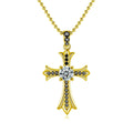 Black CZ Cross Round Moissanite Necklace in Gold-Plated S925 sterling silver white background front product view showing ornate cross pendant with a round moissanite center and black CZ detailing