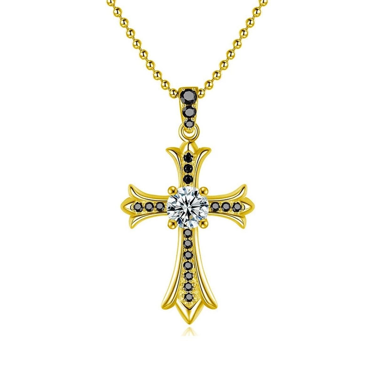 Black CZ Cross Round Moissanite Necklace in Gold-Plated S925 sterling silver white background front product view showing ornate cross pendant with a round moissanite center and black CZ detailing
