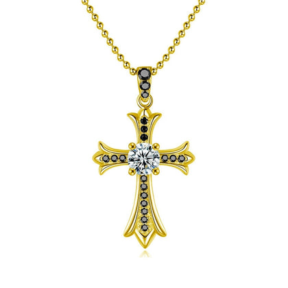 Black CZ Cross Round Moissanite Necklace in Gold-Plated S925 sterling silver white background front product view showing ornate cross pendant with a round moissanite center and black CZ detailing