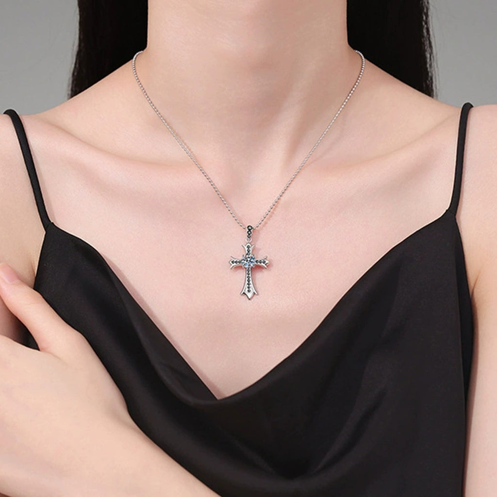Black CZ Cross Round Moissanite Necklace in Gold-Plated S925 sterling silver neckline model view showing pendant scale and chain length