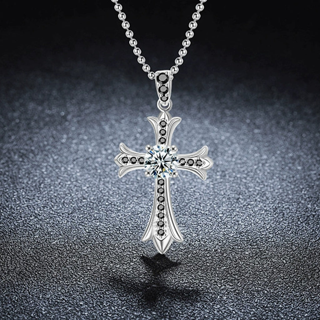 Black CZ Cross Round Moissanite Necklace in Gold-Plated S925 sterling silver close-up styled product scene showing pendant setting