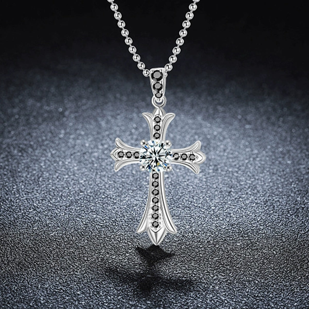 Black CZ Cross Round Moissanite Necklace in Gold-Plated S925 sterling silver close-up styled product scene showing pendant setting