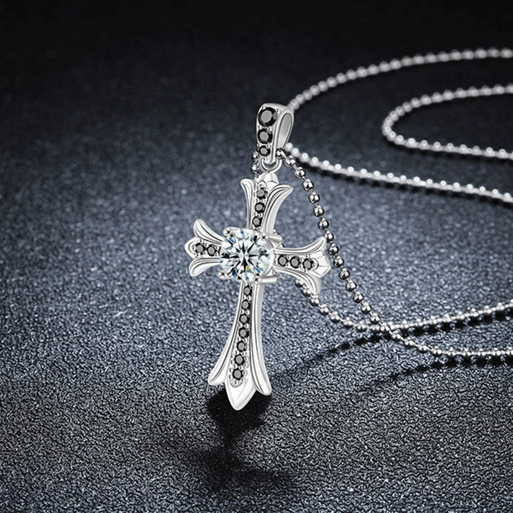 Black CZ Cross Round Moissanite Necklace in Gold-Plated S925 sterling silver display scene showing chain and stone layout