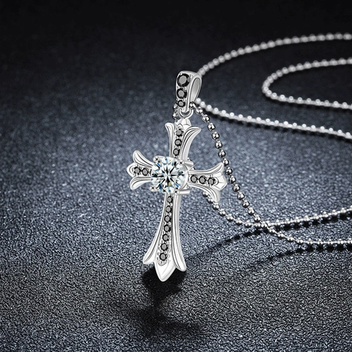 Black CZ Cross Round Moissanite Necklace in Gold-Plated S925 sterling silver display scene showing chain and stone layout