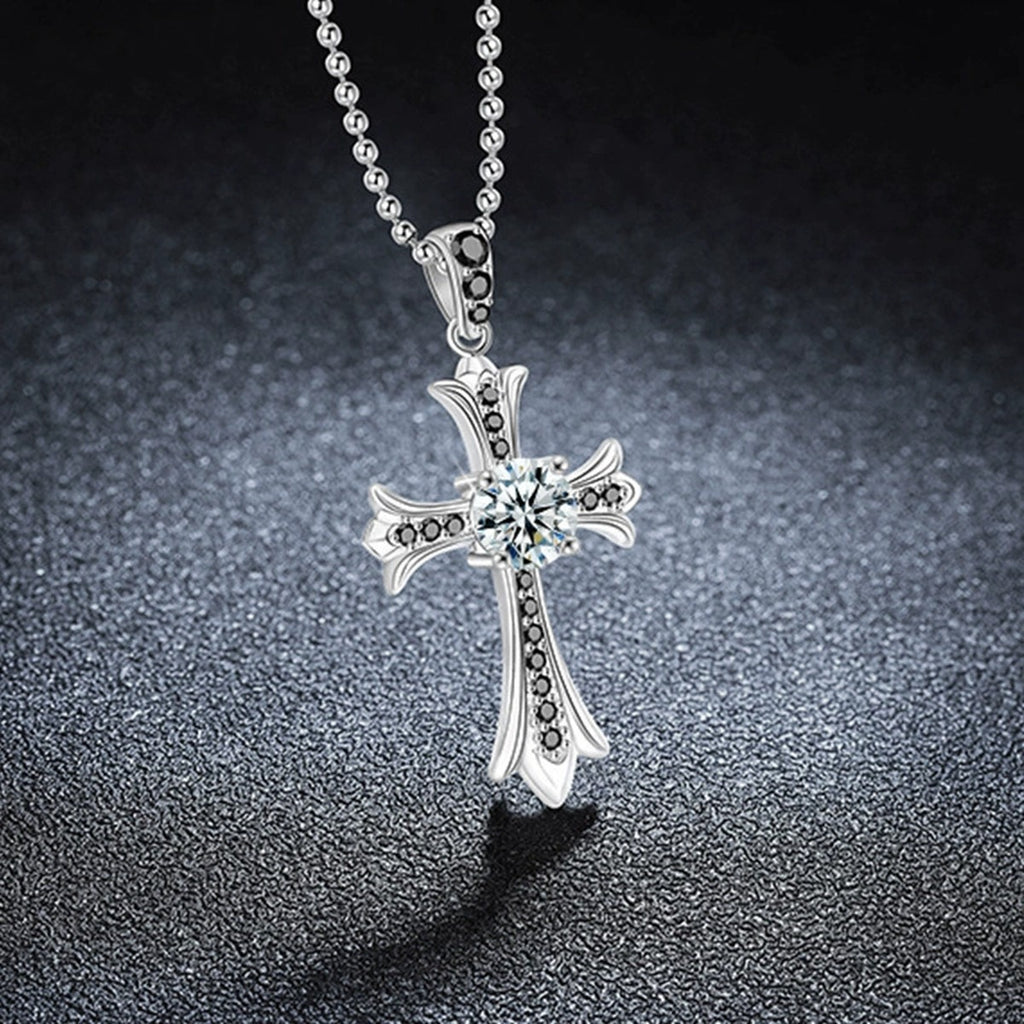 Black CZ Cross Round Moissanite Necklace in Gold-Plated S925 sterling silver angled product detail view