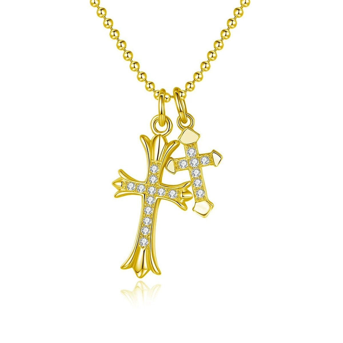 Double Cross Pave Moissanite Necklace in Gold-Plated S925 sterling silver white background front product view showing layered double-cross pendant paved with petite round moissanite stones