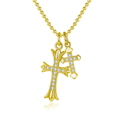 Double Cross Pave Moissanite Necklace in Gold-Plated S925 sterling silver white background front product view showing layered double-cross pendant paved with petite round moissanite stones