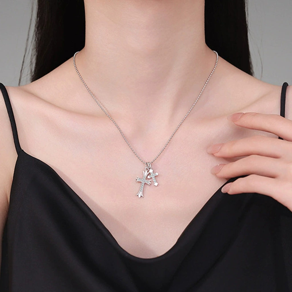 Double Cross Pave Moissanite Necklace in Gold-Plated S925 sterling silver neckline model view showing pendant scale and chain length