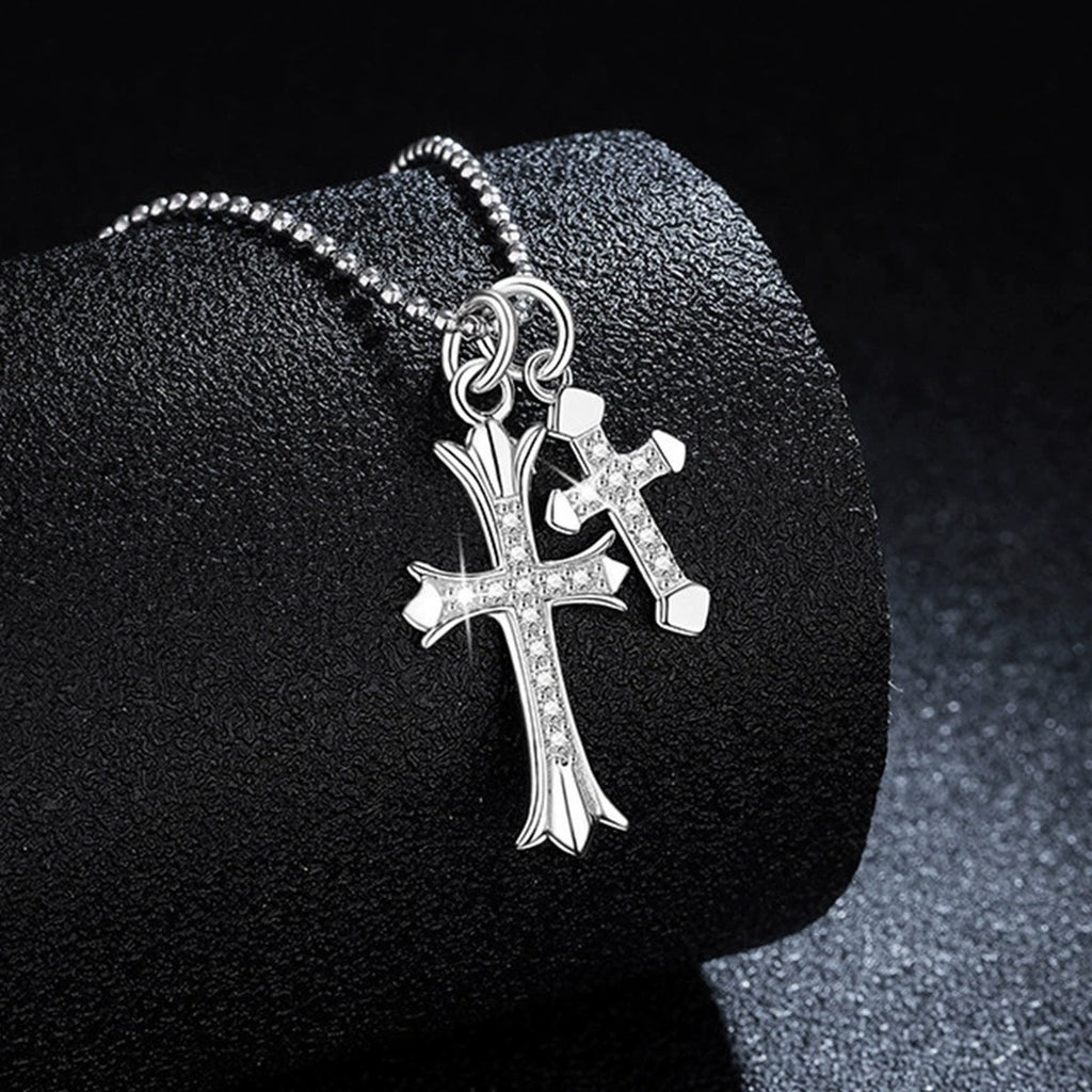 Double Cross Pave Moissanite Necklace in Gold-Plated S925 sterling silver close-up styled product scene showing pendant setting