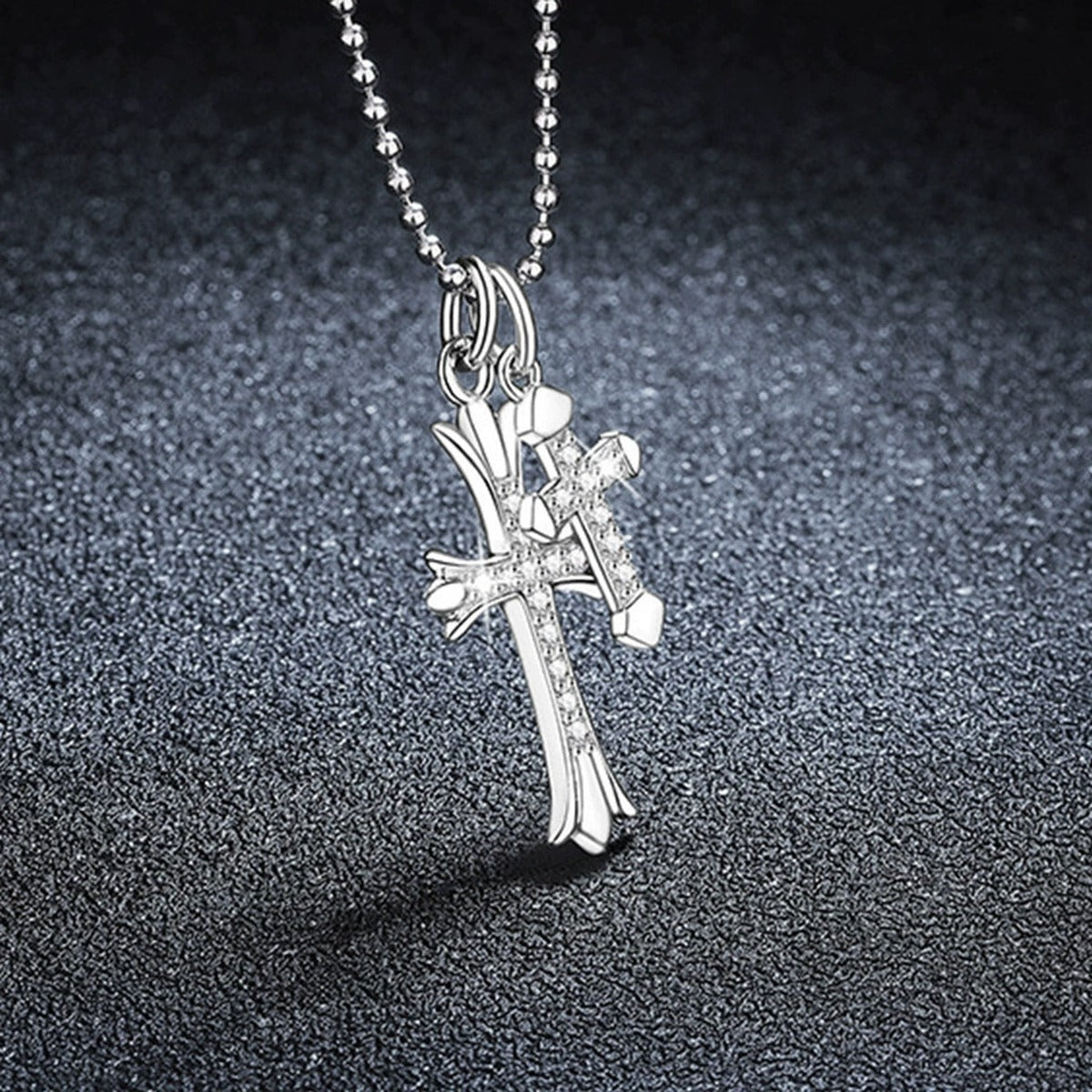Double Cross Pave Moissanite Necklace in Gold-Plated S925 sterling silver display scene showing chain and stone layout
