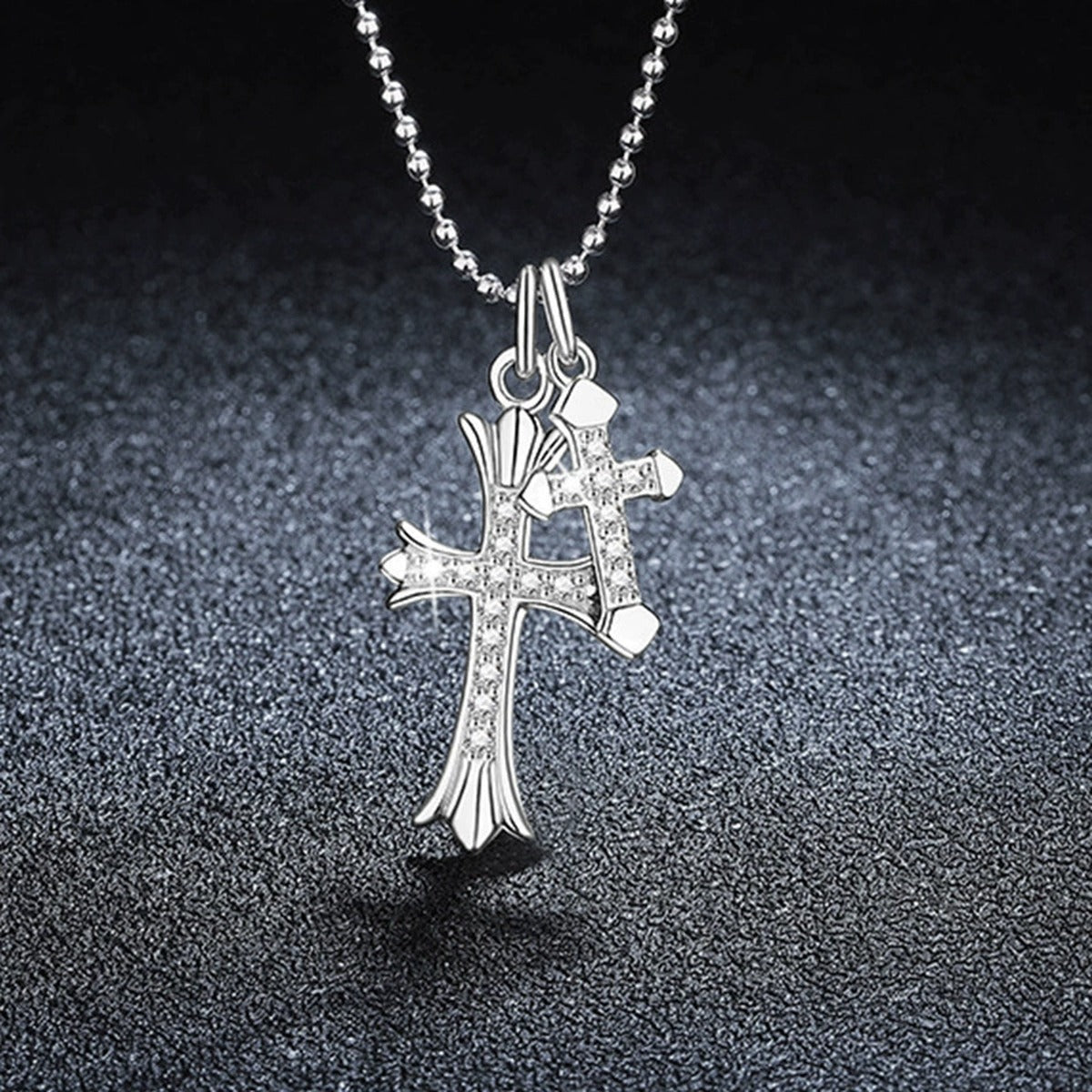 Double Cross Pave Moissanite Necklace in Gold-Plated S925 sterling silver angled product detail view