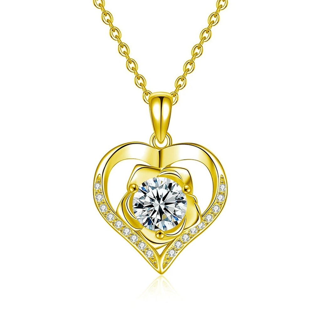 Rose Heart Round Moissanite Necklace with CZ in Gold-Plated S925 sterling silver white background front product view showing rose-inspired heart frame surrounding a round moissanite with CZ accents