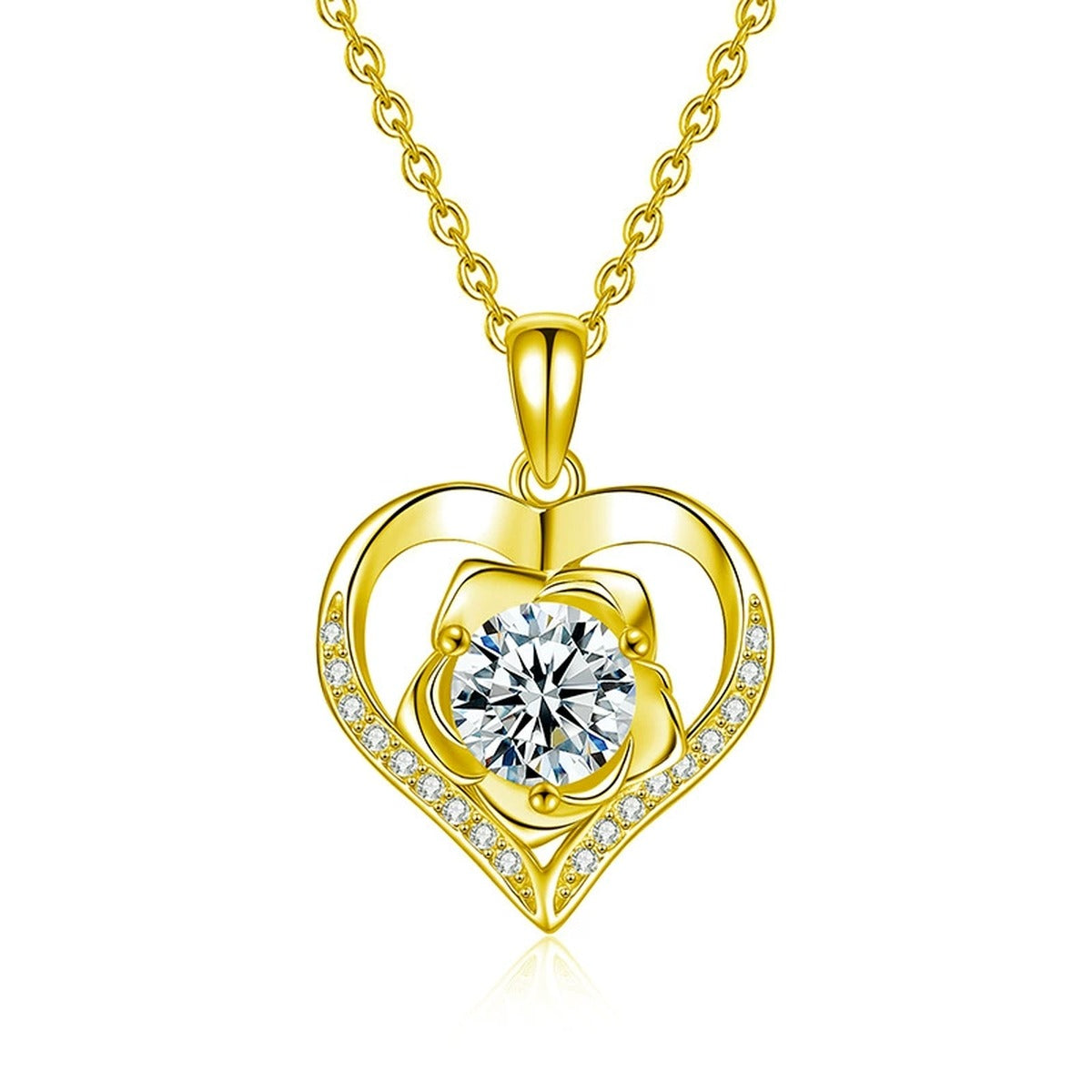 Rose Heart Round Moissanite Necklace with CZ in Gold-Plated S925 sterling silver white background front product view showing rose-inspired heart frame surrounding a round moissanite with CZ accents