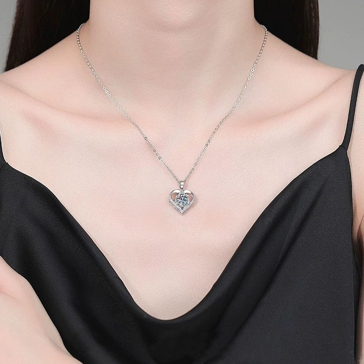 Rose Heart Round Moissanite Necklace with CZ in Gold-Plated S925 sterling silver neckline model view showing pendant scale and chain length