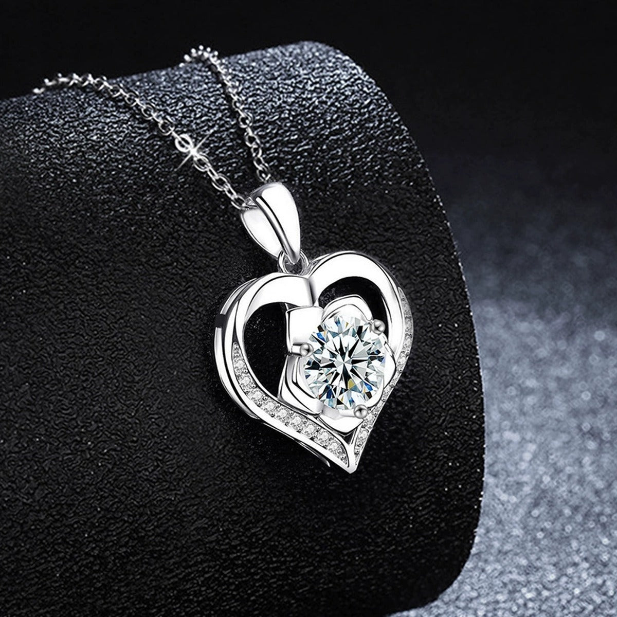 Rose Heart Round Moissanite Necklace with CZ in Gold-Plated S925 sterling silver close-up styled product scene showing pendant setting
