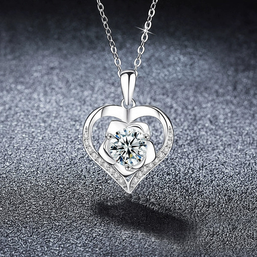 Rose Heart Round Moissanite Necklace with CZ in Gold-Plated S925 sterling silver display scene showing chain and stone layout