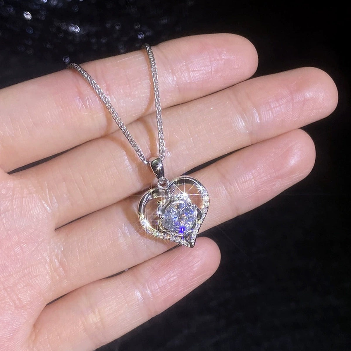 Rose Heart Round Moissanite Necklace with CZ in Gold-Plated S925 sterling silver additional worn styling view showing the pendant on the body