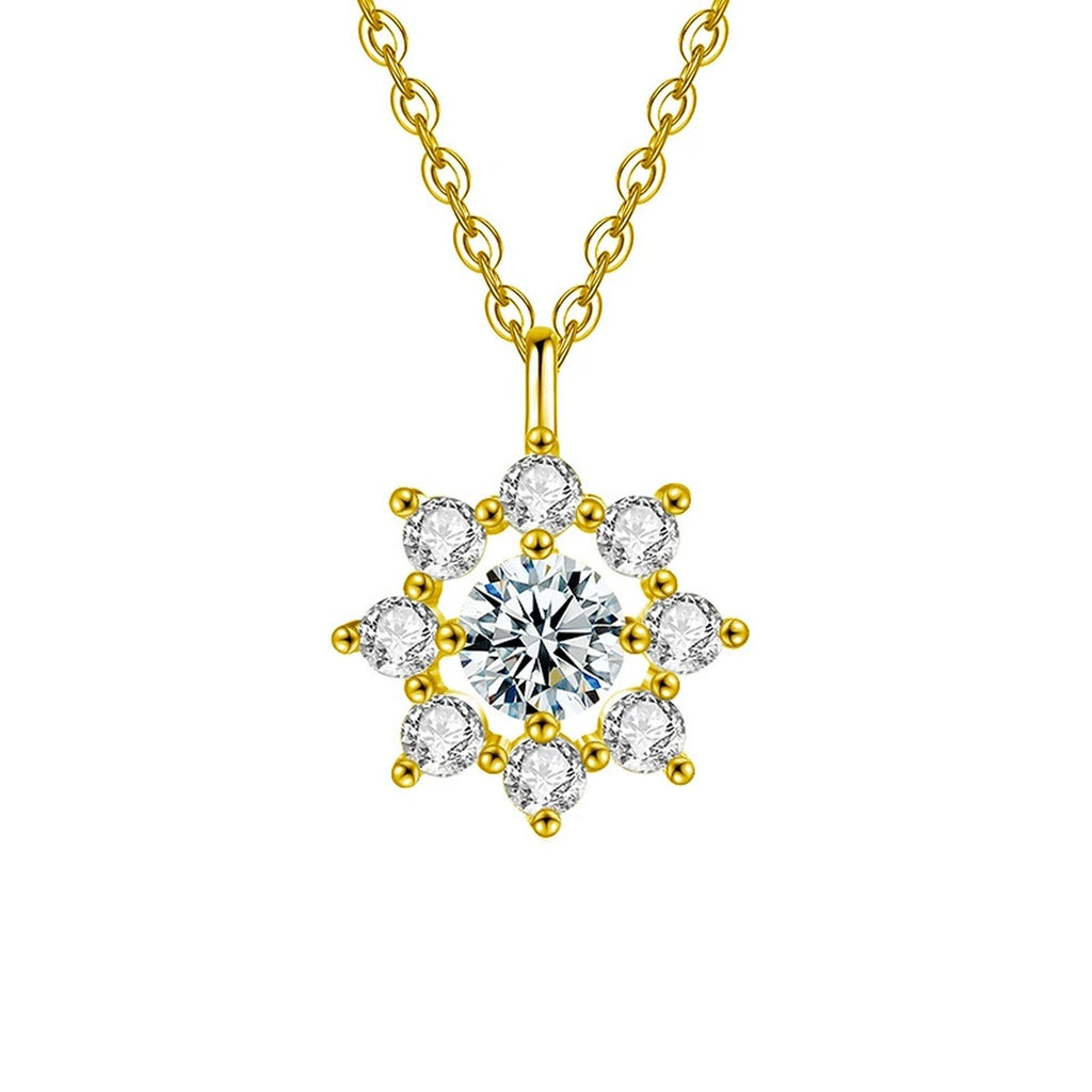 Sunflower Round Moissanite Necklace with CZ in Gold-Plated S925 sterling silver white background front product view showing sunflower pendant centered with a round moissanite and CZ-set petals