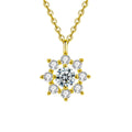 Sunflower Round Moissanite Necklace with CZ in Gold-Plated S925 sterling silver white background front product view showing sunflower pendant centered with a round moissanite and CZ-set petals