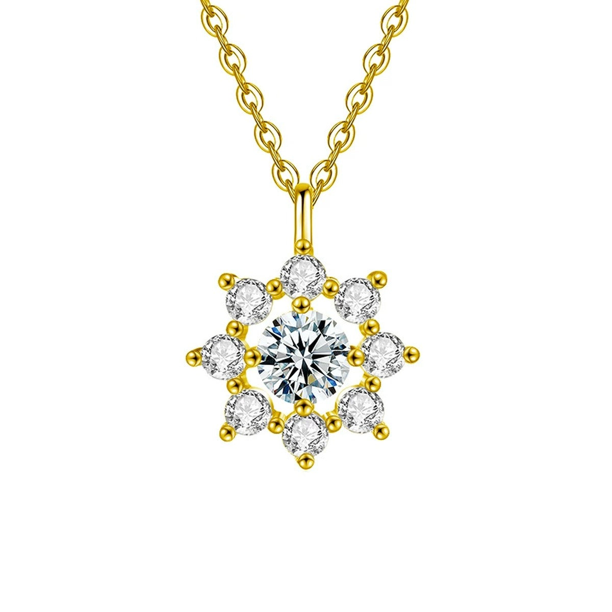 Sunflower Round Moissanite Necklace with CZ in Gold-Plated S925 sterling silver white background front product view showing sunflower pendant centered with a round moissanite and CZ-set petals