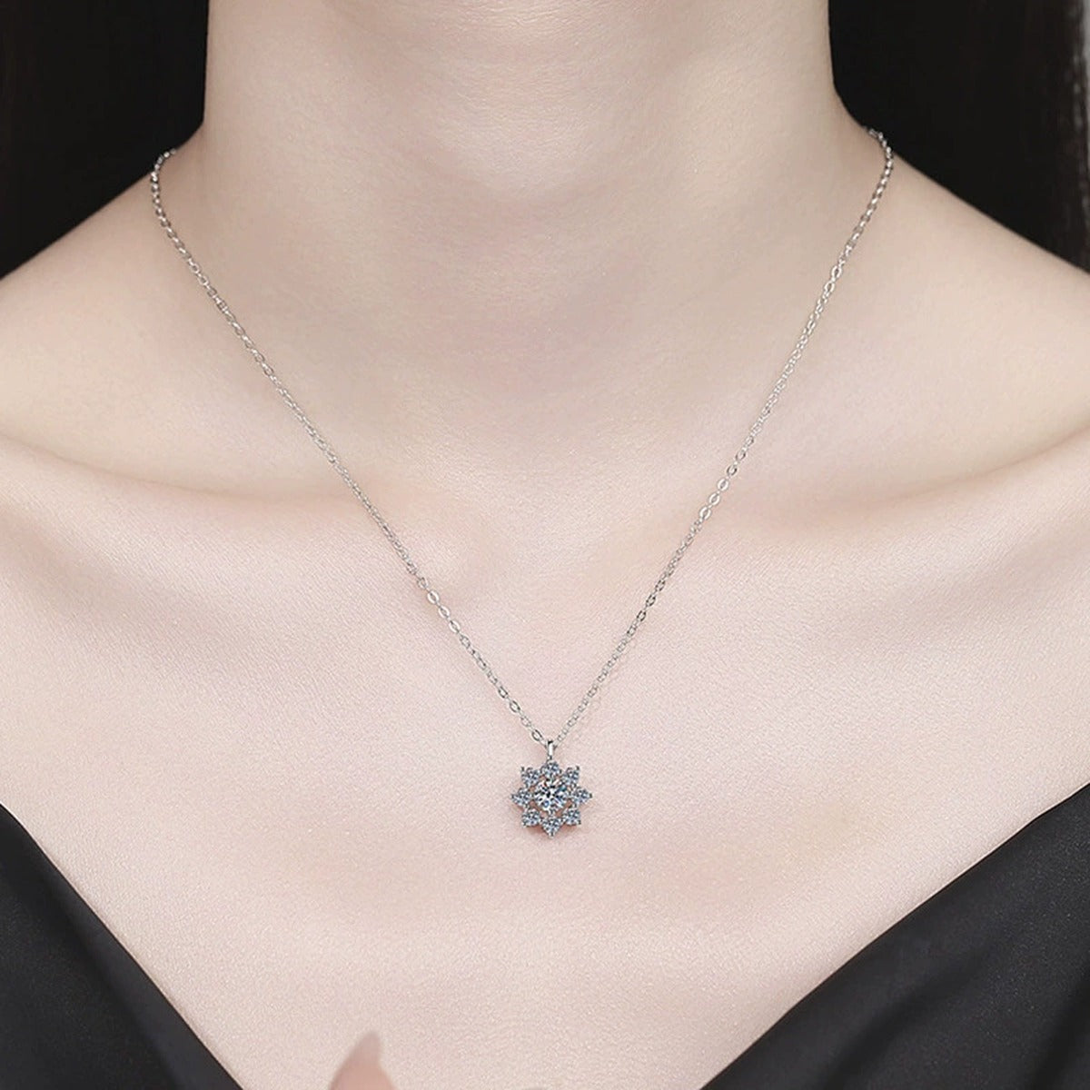 Sunflower Round Moissanite Necklace with CZ in Gold-Plated S925 sterling silver neckline model view showing pendant scale and chain length